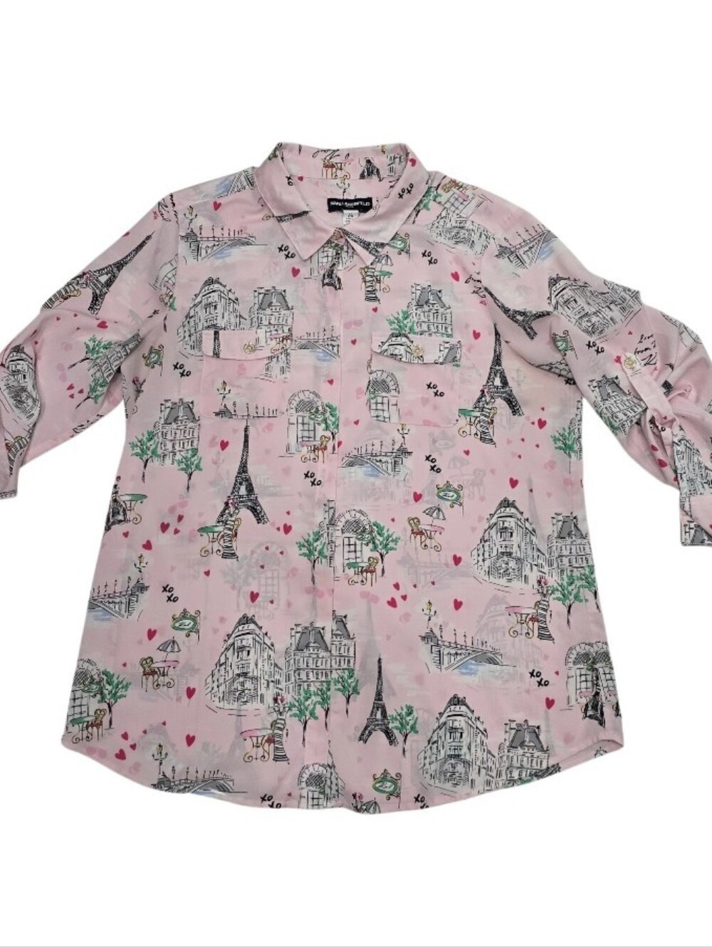 Karl Lagerfeld Paris Pink Eiffel Tower Print Button-Up Blouse Large - Picture 5 of 11
